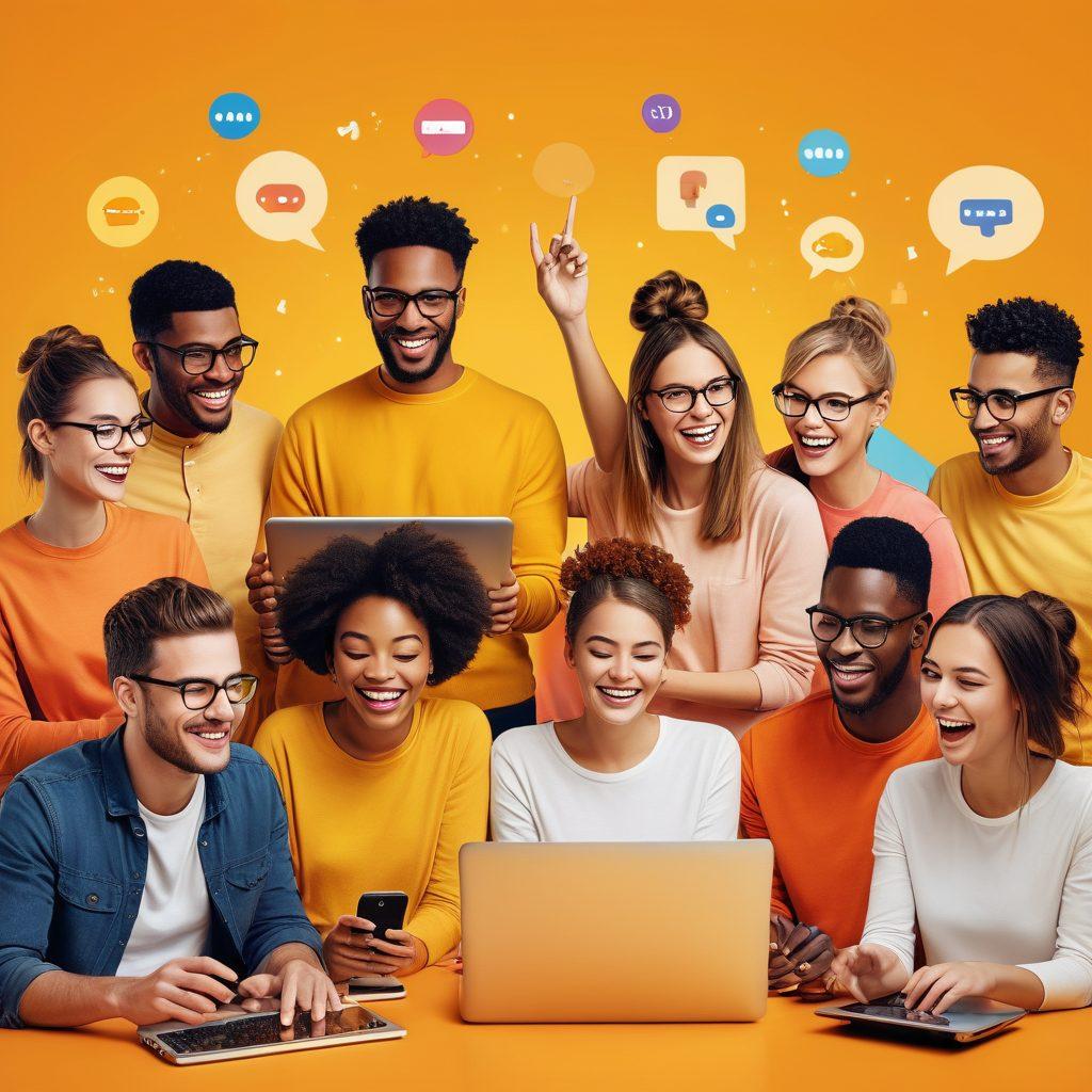 A vibrant collage showcasing diverse individuals engaged in online interactions, featuring laptops and smartphones with chat bubbles and emojis, symbolizing connection. Include elements of technology such as wireless signals and digital interfaces. The background should embrace warm, inviting colors to create a sense of community and engagement. super-realistic. vibrant colors.