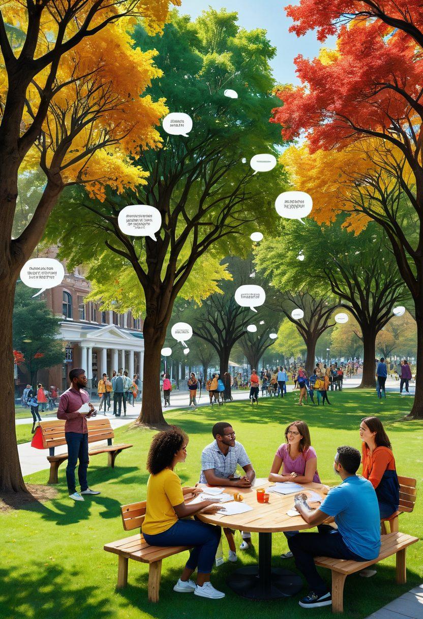 A vibrant illustration of diverse people engaged in lively discussions in a park, with colorful speech bubbles symbolizing effective messaging. In the background, community boards displaying announcements and events, representing social engagement. Include elements like trees, benches, and bright flowers to create a welcoming atmosphere. super-realistic. vibrant colors. white background.