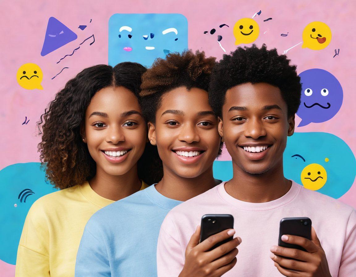 A split-screen illustration showing two individuals on either side, one texting on a smartphone with a puzzled expression, and the other engaging in a lively video call with animated emojis around. The background features abstract representations of digital communication waves connecting them, symbolizing the evolution from texting to dialogue. Soft pastel colors, with vibrant accents to highlight emotions and connectivity. digital art. vibrant colors.